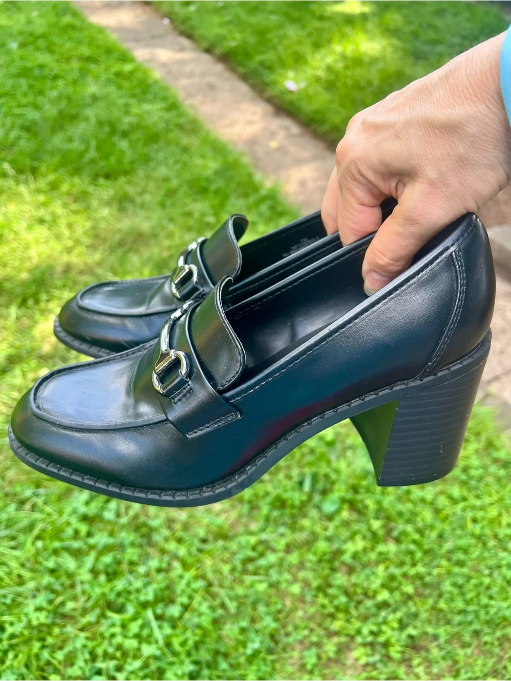 Marc Fisher Black Horsebit Heeled Chunky Block Loafers Preppy Casual Career 7M